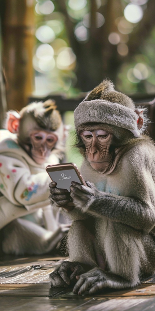 一只猴子，拿着手机在照相，另一只猴子，穿着裙子当模特，照片风格，超高清画质。