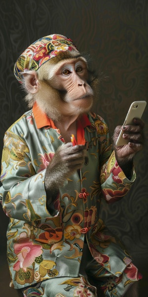 一只猴子，拿着手机在照相，另一只猴子，穿着裙子当模特，照片风格，超高清画质。