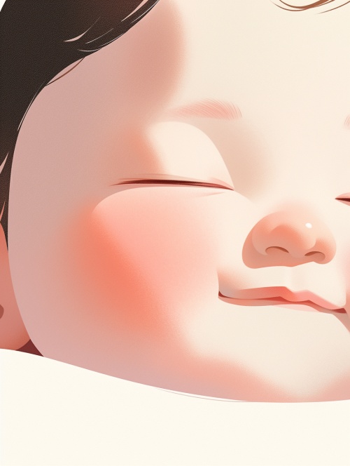头像，一个胖乎乎的古代可爱小女孩，3岁，日式，闭眼，微笑，正面特写，头部特写新工笔，扁平插画，极简，色块拼接，极简构图，对称布局，Hsiao Ron Cheng