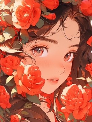 a girl's face wrapped in red roses, looking to the side, in the style of anime aesthetic, comic art, i can't believe how beautiful this is, romantic illustrations, light orange and red, cloisonnism, low-angle