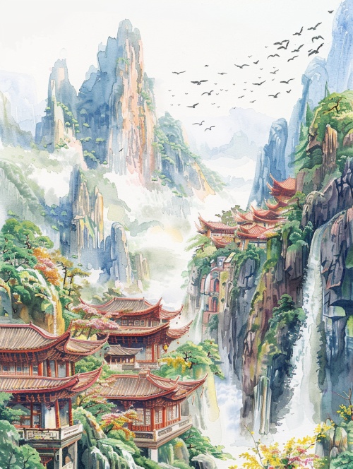 Watercolor painting of ancient Chinese architecture, temple waterfall, realistic fantasy art style, anti-gravity architectural style, majestic, ultra-detailed rendering of mountain scenery, high detail, high definition, illustration, white background, extreme close-up perspective, birds flying in the sky,There are many, many buildings, including palaces, with super high details. In summer, there are lotus flowers and sunflowers ar 3:4 niji 5