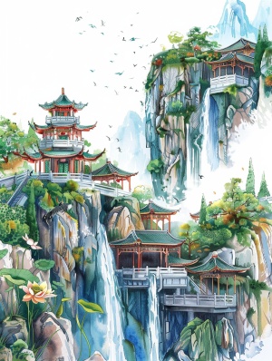 Watercolor painting of ancient Chinese architecture, temple waterfall, realistic fantasy art style, anti-gravity architectural style, majestic, ultra-detailed rendering of mountain scenery, high detail, high definition, illustration, white background, extreme close-up perspective, birds flying in the sky,There are many, many buildings, including palaces, with super high details. In summer, there are lotus flowers and sunflowers ar 3:4 niji 5