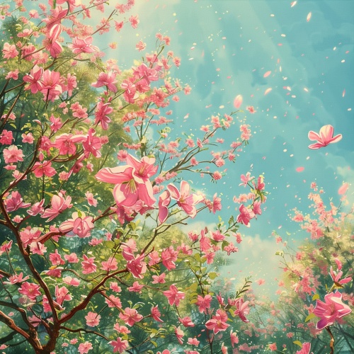 春天，粉色的桃花盛开的花园，桃花树枝繁叶茂，花瓣随风飘落，空气中弥漫着花香，阳光透过树梢，斑驳陆离，高清，柔和的色彩，细节丰富，莫奈风格，4K分辨率。