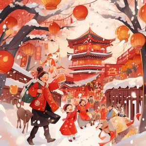 🎁描述词：现代插画场景，中国孩子和父母在乡村道路上放烟花，下雪，带围巾的雪人，柿子树，房子上挂的红灯笼和中国对联，动态pose，高画质，超细节，矢量插画，红色背景，动漫-写实