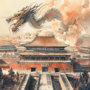 画一条中国风的空中飞龙，盘旋于中国古建筑上，龙头正对于画中间。