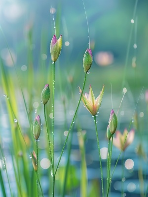 江南细雨倾洒，嫩草上的雨滴
