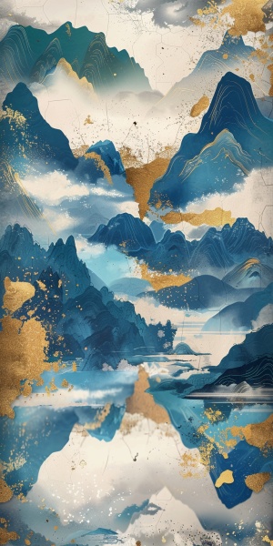 中国山水图，青色和金色的山群，高低交错