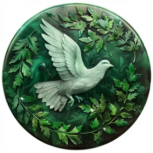 徽章，绿色，叶子的形状，树木的元素，有鸽子的影子