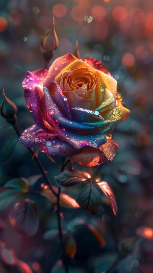 七彩玫瑰绽放的花园中，光影细节呈现