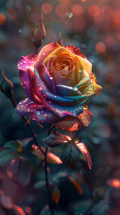 一朵漂亮的七彩玫瑰绽放在花园中，花瓣鲜艳多彩，各种颜色交织在一起，形成了美丽的花朵。夕阳西下，柔和的光线洒在花瓣上，给它增添了一抹温暖的色彩。花瓣上还挂着晶莹的露珠，闪烁着微光，如同珍贵的宝石。摄影风格，HDR材质和C4D引擎，营造出细腻的细节和逼真的光影效果。中距离拍摄，色彩处理，高清晰度