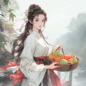 中国农村姑娘优雅穿传统彩色汉服拿着野果的自然舒适