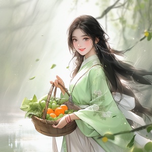 中国农村姑娘优雅穿传统彩色汉服拿着野果的自然舒适