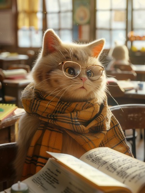 一只可爱的黄色猫猫带着眼镜 穿着围巾看书,课桌,椅子,教室,室内，8k，超真实，阳光光线充足，佳作，虚幻引擎，细节充分，