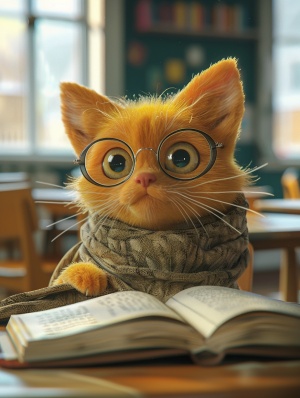 可爱黄猫戴眼镜看书-充满细节的虚幻教室