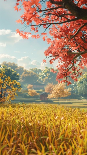 天，稻田里的稻苗成熟了，田野金黄；树上的叶子颜色不断变化，逐渐变成暗红色、粉色、浅红色、金黄色、浅黄色、浅黄、橙色……呈现出五彩缤纷的颜色。秋天的景色像童话和梦一样美丽。秋天来了，天气一天比一天凉爽。它似乎告诉人们夏天已经过去，秋天开始了。随着秋风的到来，树木的叶子颜色不断变化，以适应环境的变化，逐渐变黄和变红，然后落叶。田野金黄，是丰收的宜人景象，给人一种春花秋果的感觉。秋天，菊花盛开，各种菊花都不甘示弱。它们形态各异，自由开花。菊花的颜色五彩缤纷：有的洁白如雪，有的黑紫如墨玉，有的金黄如金……它们优雅而赏心悦目。享受夏天的阳光和雨水。秋天，稻子成熟了，金色的微笑献给照顾他们的农民！初秋的北方荒野，金色的波涛漫无边际，稻子、豆子、豆类的清香四溢。虚幻引擎 v 5