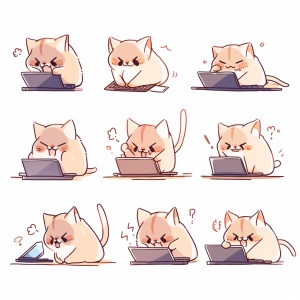 九个姿势和表情的猫，简约线条插图