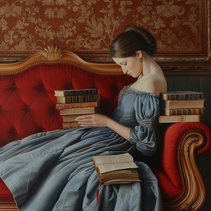 蓝灰长裙女子沙发上看书