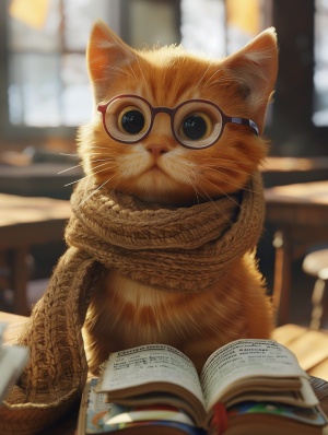 一只可爱的黄色猫猫带着眼镜 穿着围巾看书,课桌,椅子,教室,室内，8k，超真实，阳光光线充足，佳作，虚幻引擎，细节充分，