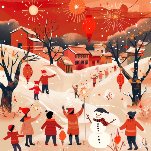 现代插画场景，中国孩子和父母在乡村道路上放烟花，下雪，带围巾的雪人，柿子树，房子上挂的红灯笼和中国对联，动态pose，高画质，超细节，矢量插画，红色背景