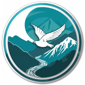 徽章：青色河流形状，山峰元素，鸽子的影子