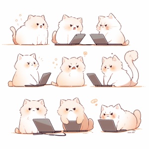 九个姿势和表情的猫，简约线条插图