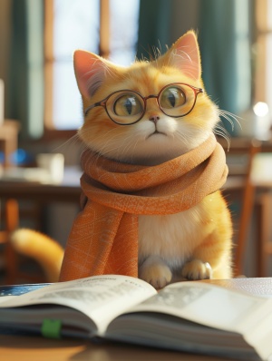 可爱黄猫戴眼镜看书-充满细节的虚幻教室