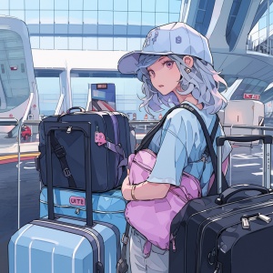 荒木裕彦风格的网络艺术动画：机场女孩带包和帽子