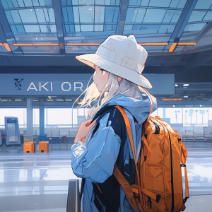 一个女孩在机场拿着包和帽子的动画，在荒木裕彦的风格，网络艺术，分析艺术，azure，柯尼卡汽车s3，桩堆栈，克里斯骑士