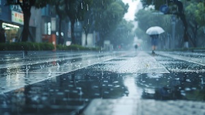 阴沉的雨云下的湿漉街道
