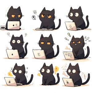 九个姿势和表情的黑猫电脑插图-极简主义线条艺术