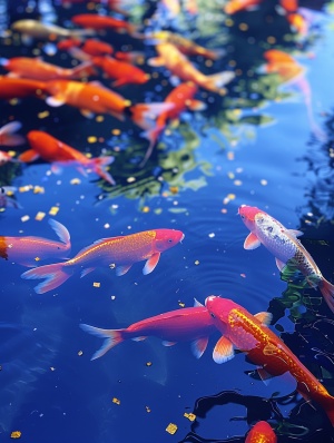 红色锦鲤穿梭蓝色池塘，鳞片金光彩，象征好运与繁荣