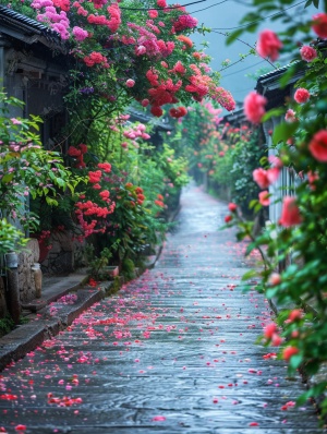 江南古镇下起大雨，道路长满鲜花，五彩斑斓