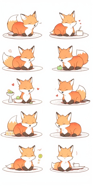 九个姿势和表情的可爱小狐狸幼崽，插图艺术