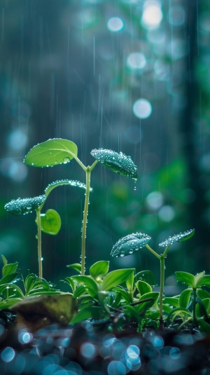 雨水节气中绿色植物的唯美水滴景观