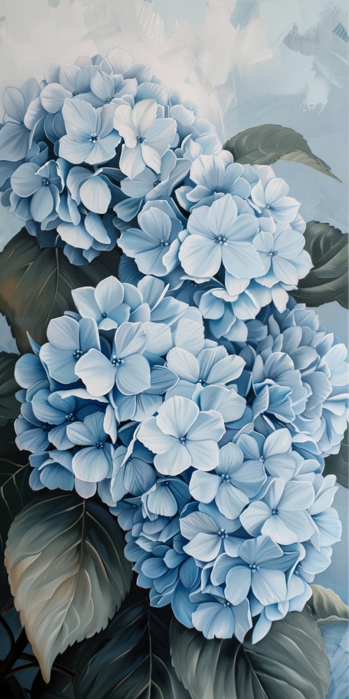 一丛淡蓝色的花朵，大的，小的，有盛开的花，有花苞，细碎的叶子，纯色背景，浅色，超级细节