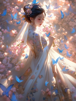 长镜头，一个中国美少女，精致的五官，漂亮的脸蛋，穿着轻薄的长纱裙，坐在一片金色蓝色粉色的花海中央，裙摆在花丛中铺开，在发光的3D物体的风格中，蝴蝶飞舞，柔和而梦幻的色调，Minei，Andy Fairhurst，浪漫主义，浅景深，童趣般的简单，3D渲染，超高清画质，32K