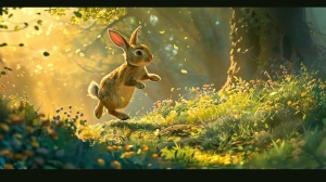 小兔子跳下床，跑向森林边的小山坡。
