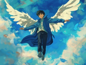 一个穿着蓝色上衣，黑色长裤，有一双白色翅膀，黑色短发，在天空飞翔的男孩，