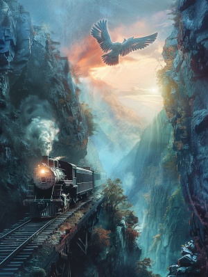 蒸汽火车穿越天门洞，阳光下的天使翱翔