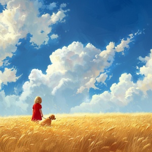 蓝天下的金色麦田与红衣小女孩和小狗