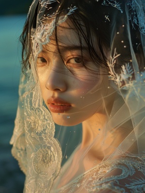中国面容女孩的黄昏婚纱照，复杂细节中的美