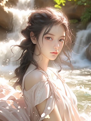 长镜头，一个美丽动人的中国女子，在山谷瀑布的水潭里戏水，浅金色浅粉色薄纱裙，精致脸蛋，绝世容颜，标致五官，白皙皮肤，丰满身材，人像摄影，自然光照，超真实，超高清画质，32K