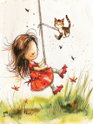 Cute Girl Swinging with Kitten: Vibrant, Colorful and Minimalist Illustrations by Toni