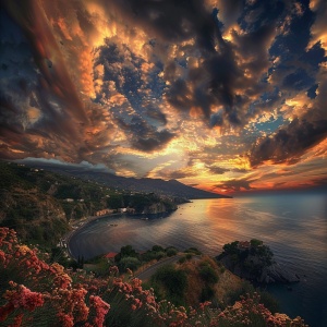 陶尔米纳，傍晚，瑰丽天空，晚霞，火山，海洋，绝美风景，masterpiece，摄影