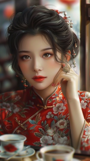 穿旗袍的中国美女在咖啡店边喝咖啡边聊天乌黑的头发，大眼睛，红唇，优雅高贵