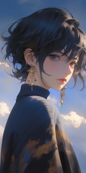 黑发女生半身肖像，彩云背景，高清画质