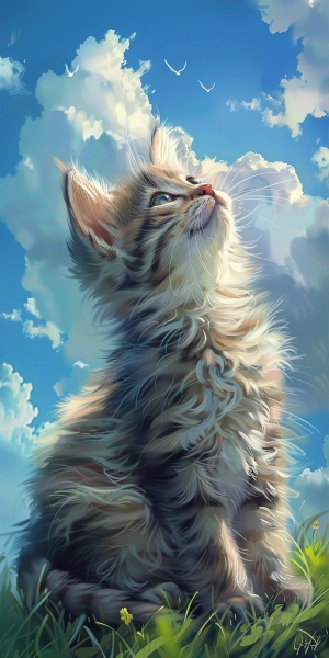 远景蓝天白云，小猫咪在草地上的唯美写实