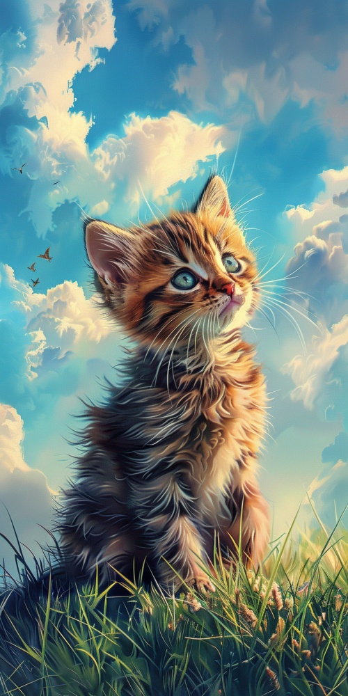 远景蓝天白云，一只可爱的小猫咪在草地上，唯美，浪漫，写实油画风格