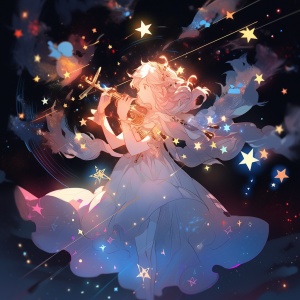 星星，唯美，古风少女挥剑斩出一条星河，七彩星光闪耀，梦幻的场景，流星，银河。