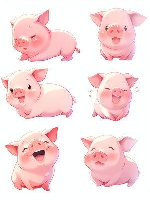 A cute little pig, face close-up, expression close-up, full bodyPiggy expressions and movements, exaggerated movements, happy, angry, sad,Surprised, happy, etc., various emotions, white background, q version,Sticker art design, ultra-high definition, 8k, nine-square layout ar 3:4 niji 5